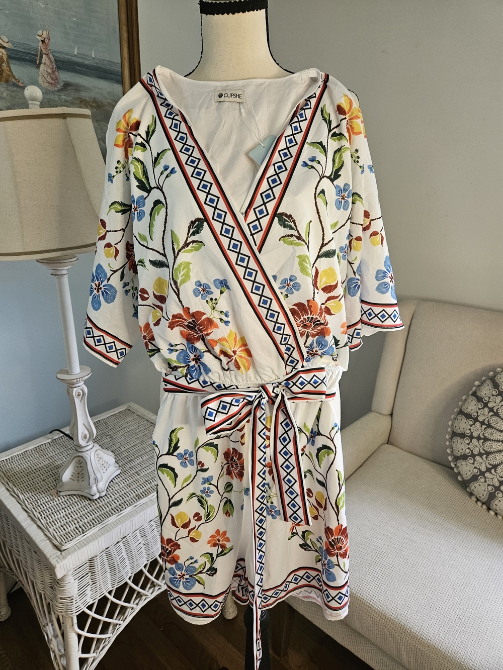 CupShe White Floral Wrap Romper with Tie Waist